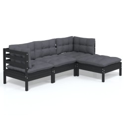 vidaXL Muebles de jardín 4 pzas con cojines negro madera de pino