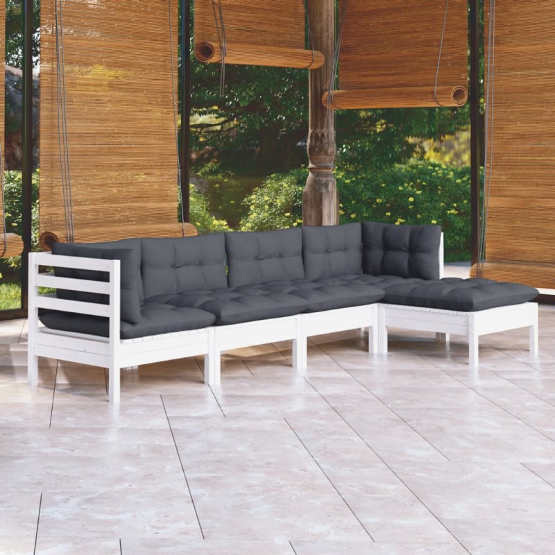 vidaXL Muebles de jardín 5 pzas con cojines blanco madera de pino vidaXL Muebles de jardín 5 pzas con cojines blanco madera de pino