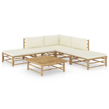 vidaXL Set de muebles de jardín 6 piezas bambú y cojines blanco crema
