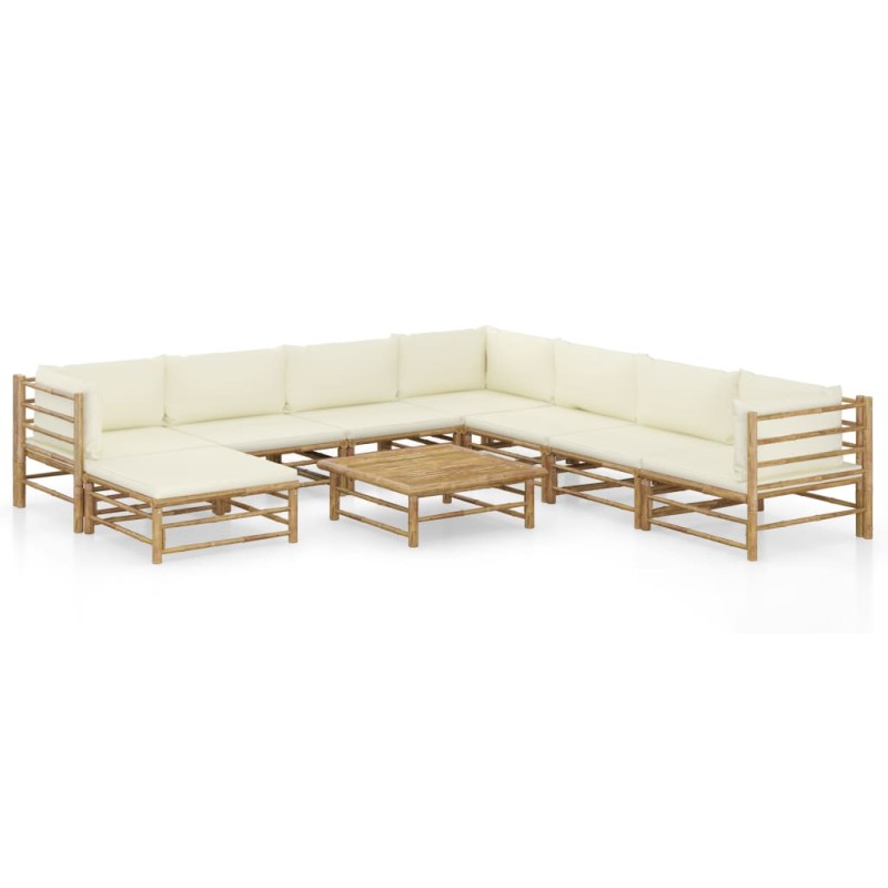 vidaXL Set de muebles de jardín 9 piezas bambú y cojines blanco crema vidaXL Set de muebles de jardín 9 piezas bambú y cojines blanco crema