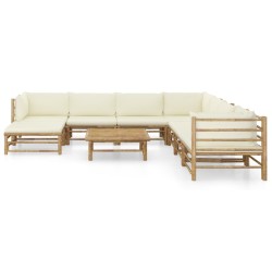 vidaXL Set de muebles de jardín 9 piezas bambú y cojines blanco crema
