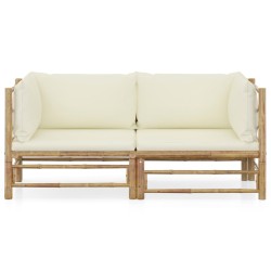 vidaXL Set de muebles de jardín 2 piezas bambú y cojines blanco crema