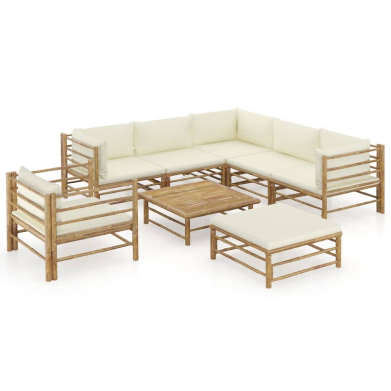vidaXL Set de muebles de jardín 8 piezas bambú y cojines blanco crema vidaXL Set de muebles de jardín 8 piezas bambú y cojines blanco crema