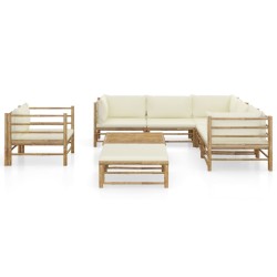 vidaXL Set de muebles de jardín 8 piezas bambú y cojines blanco crema