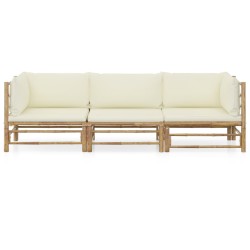 vidaXL Set de muebles de jardín 3 piezas bambú y cojines blanco crema