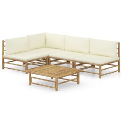 vidaXL Set de muebles de jardín 5 piezas bambú y cojines blanco crema