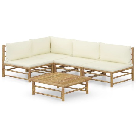 vidaXL Set de muebles de jardín 5 piezas bambú y cojines blanco crema