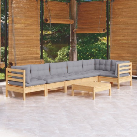 vidaXL Juego de muebles de jardín 7 pzas y cojines madera pino gris