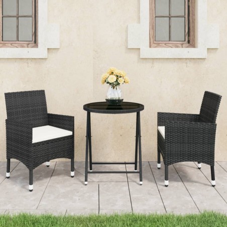 vidaXL Set bistró jardín 3 pzs ratán sintético vidrio templado negro
