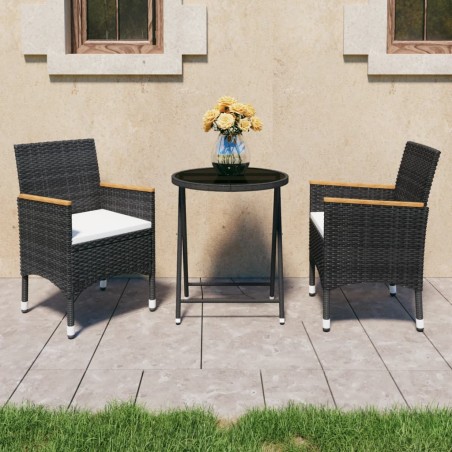 vidaXL Set bistró jardín 3 pzs ratán sintético vidrio templado negro