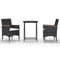 vidaXL Set bistró jardín 3 pzs ratán sintético vidrio templado negro