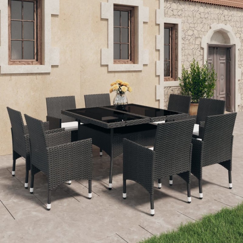 vidaXL Set de comedor de jardín 9 piezas ratán PE y vidrio negro vidaXL Set de comedor de jardín 9 piezas ratán PE y vidrio negro