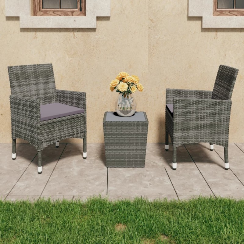 vidaXL Muebles de jardín 3 pzas ratán sintético vidrio templado gris