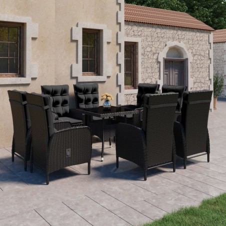 vidaXL Set de comedor de jardín 9 piezas ratán PE y vidrio negro