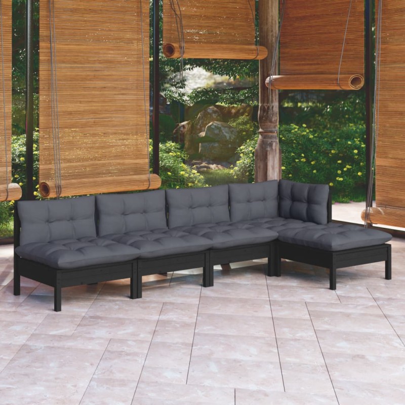 vidaXL Muebles de jardín 5 pzas con cojines negro madera de pino vidaXL Muebles de jardín 5 pzas con cojines negro madera de pino