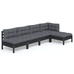 vidaXL Muebles de jardín 5 pzas con cojines negro madera de pino