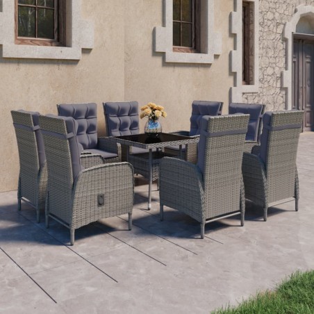 vidaXL Set de comedor de jardín 9 piezas ratán PE y vidrio gris
