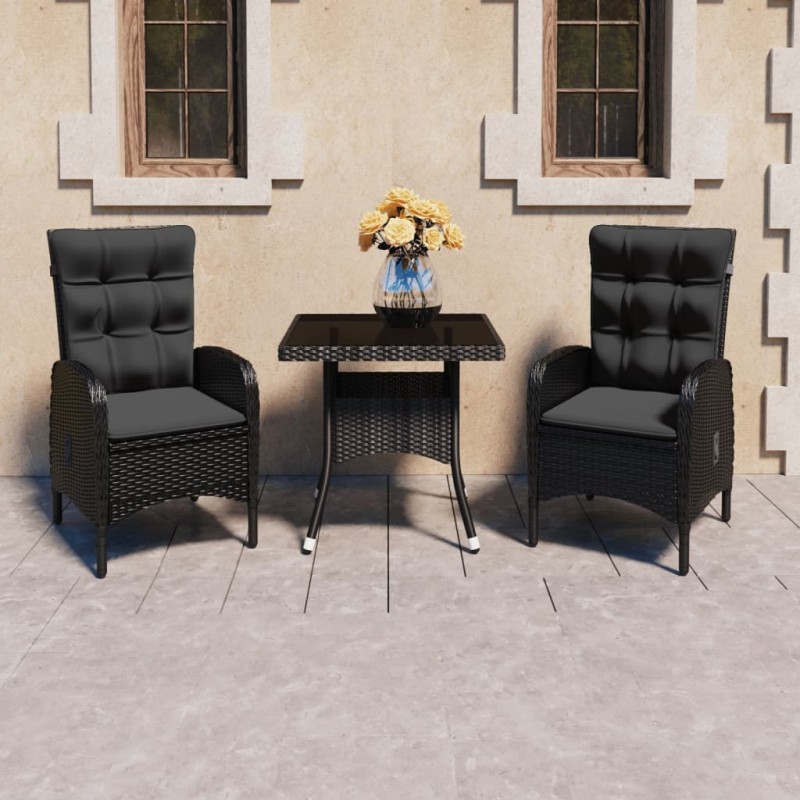 vidaXL Set de comedor de jardín 3 pzas ratán sintético y vidrio negro