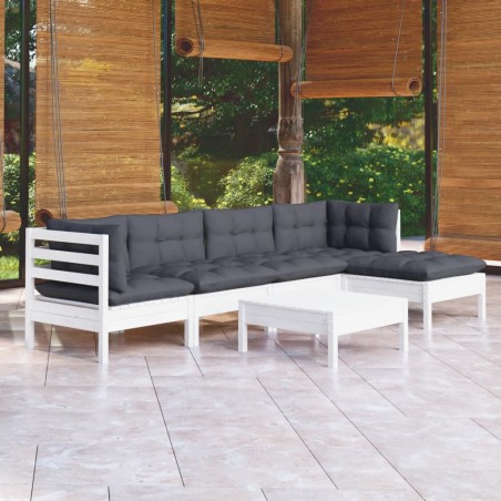 vidaXL Muebles de jardín 6 pzas con cojines blanco madera de pino