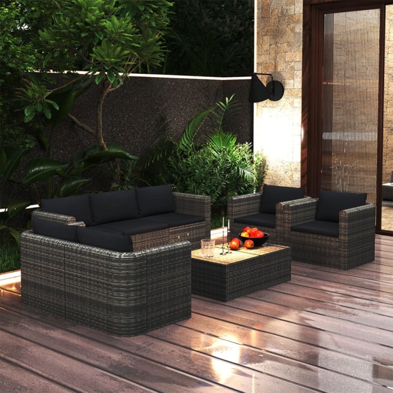 vidaXL Set de muebles de jardín 8 pzas y cojines ratán sintético gris vidaXL Set de muebles de jardín 8 pzas y cojines ratán sintético gris