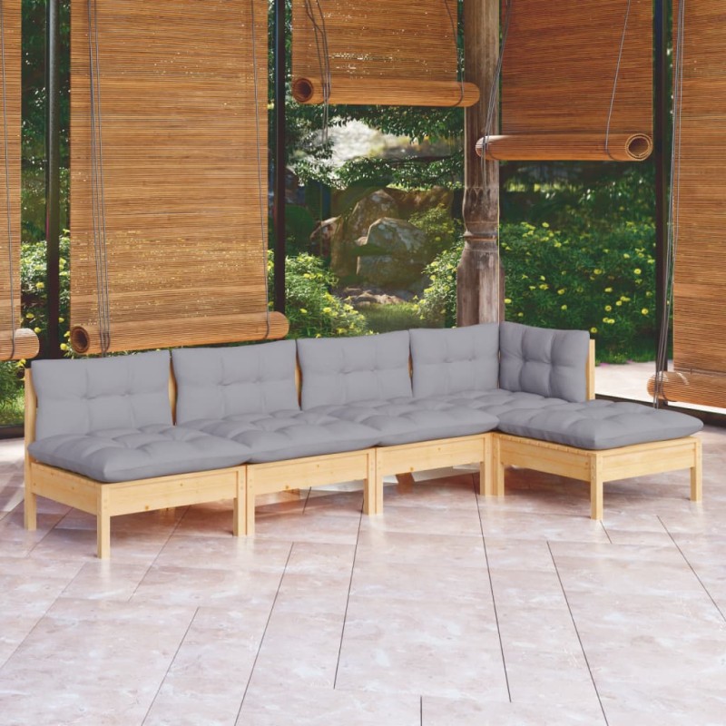 vidaXL Juego de muebles de jardín 5 pzas y cojines madera pino gris