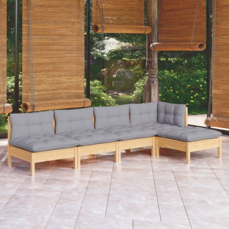 vidaXL Juego de muebles de jardín 5 pzas y cojines madera pino gris