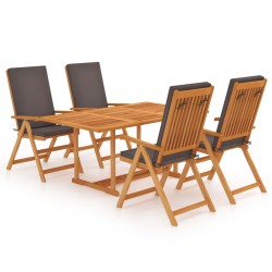 vidaXL Set de comedor para jardín 5 piezas teca maciza y cojines gris