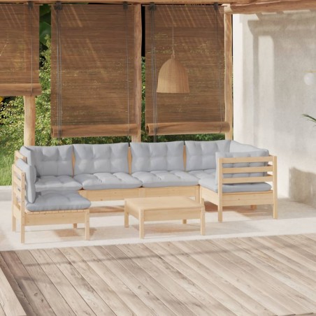 vidaXL Juego de muebles de jardín 7 pzas y cojines madera pino gris
