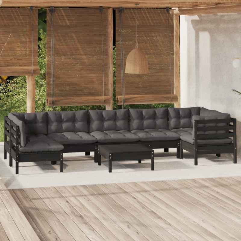 vidaXL Muebles de jardín 8 pzas con cojines negro madera de pino vidaXL Muebles de jardín 8 pzas con cojines negro madera de pino