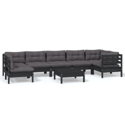 vidaXL Muebles de jardín 8 pzas con cojines negro madera de pino