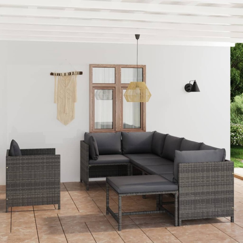 vidaXL Set de muebles de jardín 7 pzas y cojines ratán sintético gris vidaXL Set de muebles de jardín 7 pzas y cojines ratán sintético gris