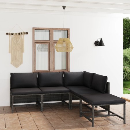 vidaXL Set de muebles de jardín 5 pzas y cojines ratán sintético gris