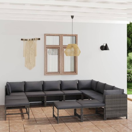vidaXL Set de muebles de jardín 12 pzas y cojines ratán sintético gris
