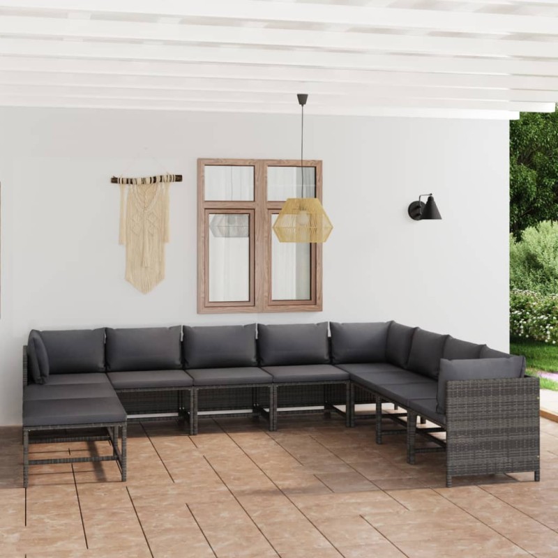 vidaXL Set de muebles de jardín 11 pzas y cojines ratán sintético gris vidaXL Set de muebles de jardín 11 pzas y cojines ratán sintético gris