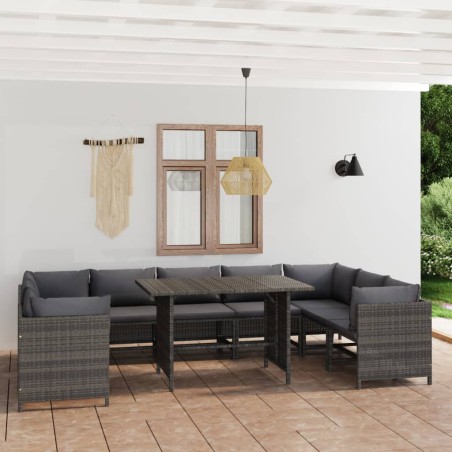 vidaXL Set de muebles de jardín 10 pzas y cojines ratán sintético gris