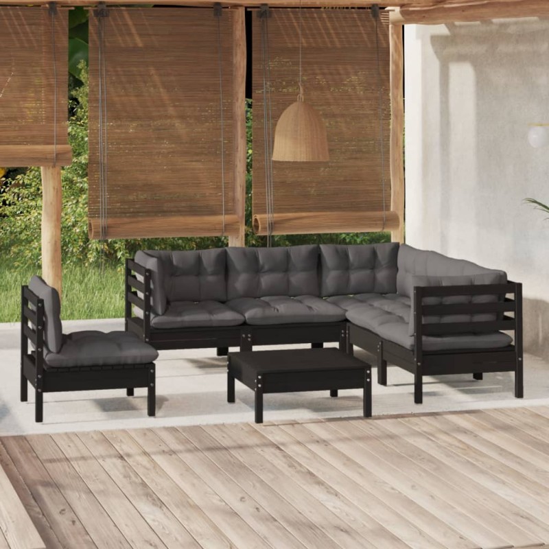 vidaXL Muebles de jardín 6 pzas con cojines negro madera de pino vidaXL Muebles de jardín 6 pzas con cojines negro madera de pino