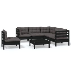 vidaXL Muebles de jardín 6 pzas con cojines negro madera de pino