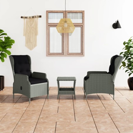 vidaXL Set muebles jardín 3 pzas ratán sintético gris claro y cojines
