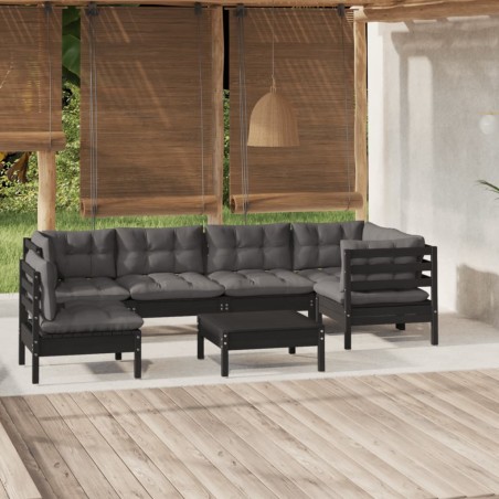 vidaXL Muebles de jardín 7 pzas con cojines negro madera de pino