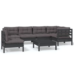vidaXL Muebles de jardín 7 pzas con cojines negro madera de pino