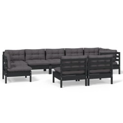 vidaXL Muebles de jardín 9 pzas y cojines negro madera maciza de pino