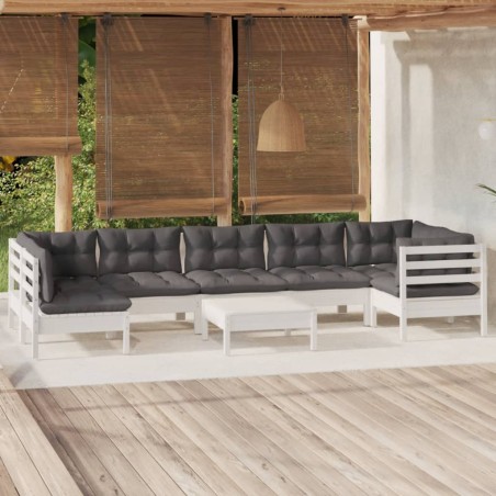 vidaXL Muebles de jardín 8 pzas con cojines blanco madera de pino