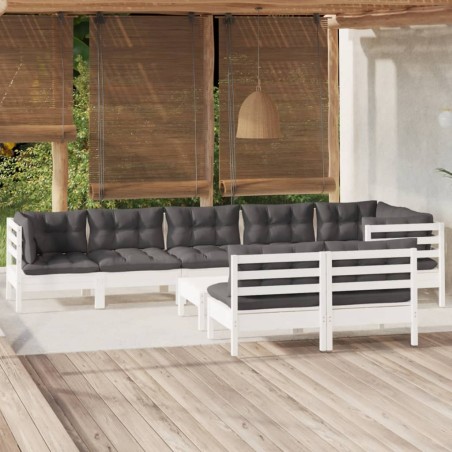 vidaXL Muebles de jardín 9 pzas y cojines blanco madera maciza de pino