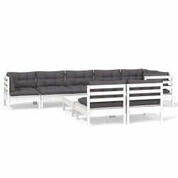 vidaXL Muebles de jardín 9 pzas y cojines blanco madera maciza de pino