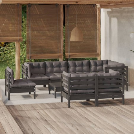 vidaXL Muebles de jardín 9 pzas con cojines negro madera maciza pino