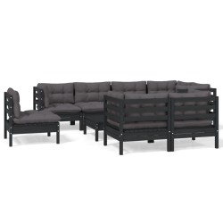 vidaXL Muebles de jardín 9 pzas con cojines negro madera maciza pino