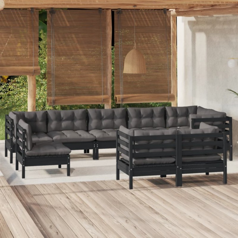 vidaXL Muebles de jardín 9 pzas y cojines negro madera maciza de pino vidaXL Muebles de jardín 9 pzas y cojines negro madera maciza de pino