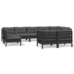 vidaXL Muebles de jardín 9 pzas y cojines negro madera maciza de pino