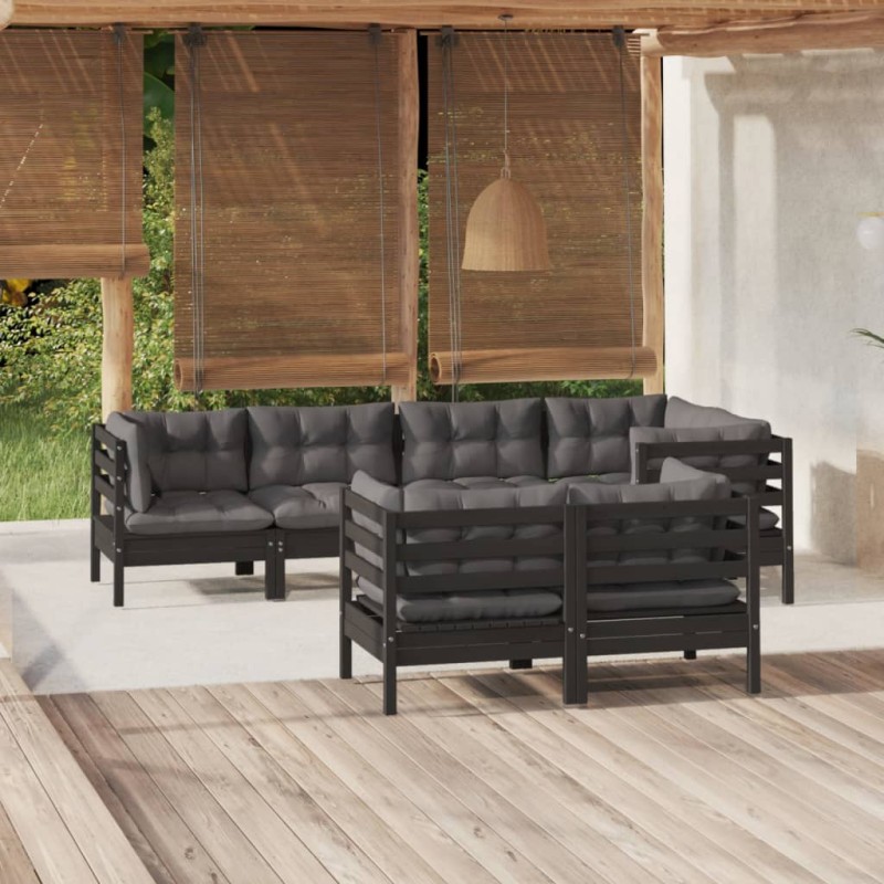 vidaXL Muebles de jardín 7 pzas y cojines negro madera maciza de pino vidaXL Muebles de jardín 7 pzas y cojines negro madera maciza de pino