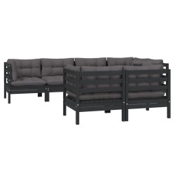 vidaXL Muebles de jardín 7 pzas y cojines negro madera maciza de pino